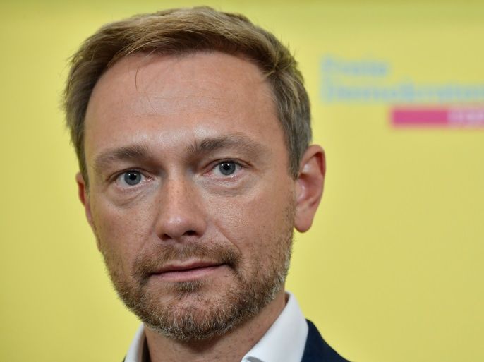 Leader of the Free Democrats (FDP) and main candidate in upcoming parliamentary elections Christian Lindner addresses a press conference at the FDP headquarters in Berlin on September 11, 2017.Lindner presented the FDP's policy on immigration ahead of parliamentary elections on September 24, 2017. / AFP PHOTO / John MACDOUGALL (Photo credit should read JOHN MACDOUGALL/AFP/Getty Images)
