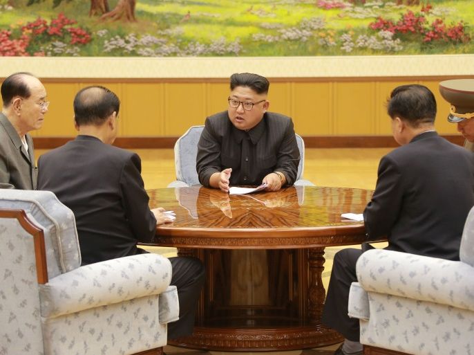 North Korean leader Kim Jong Un participates in a meeting with the Presidium of the Political Bureau of the Central Committee of the WorkersÕ Party of Korea in this undated photo released by North Korea's Korean Central News Agency (KCNA) in Pyongyang September 4, 2017. KCNA via REUTERS ATTENTION EDITORS - THIS PICTURE WAS PROVIDED BY A THIRD PARTY. REUTERS IS UNABLE TO INDEPENDENTLY VERIFY THIS IMAGE. FOR EDITORIAL USE ONLY. NOT FOR USE BY REUTERS THIRD PARTY DISTRIBU