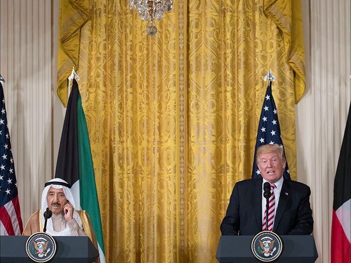 epa06190668 US President Donald J. Trump (R), with Amir Sabah al-Ahmed al-Jaber al-Sabah of Kuwait, responds to a question from the news media during a joint press conference in the East Room of the White House in Washington, DC, USA, 07 September 2017. EPA-EFE/SHAWN THEW