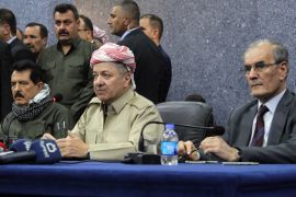 Iraq's Kurdistan region president Massud Barzani (C) attends an assembly with Kirkuk provincial Governor Najim al-Din Karim (R) and Kosrat Rasoul Ali (L), the first Deputy for the Secretary General of the Patriotic Union of Kurdistan (PUK) party, and other representatives of the Peshmerga and Arab, Kurdish, and Iraqi Turkmen tribal leaders in the northern Iraqi city of Kirkuk on September 12, 2017. Iraq's parliament's voted on September 12, 2017 against plans by Kurdish leaders to hold an independence referendum just two weeks before it was to be held, echoing regional criticism of the poll. Barzani, who is organising the referendum, however said from the disputed city of Kirkuk that the poll would be held because 'all other bids' to secure Kurdish rights 'have failed'. / AFP PHOTO / Marwan IBRAHIM (Photo credit should read MARWAN IBRAHIM/AFP/Getty Images)