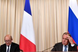 Russian Foreign Minister Sergei Lavrov (R) and his French counterpart Jean-Yves Le Drian give a press conference following their meeting in Moscow on September 8, 2017. / AFP PHOTO / Mladen ANTONOV (Photo credit should read MLADEN ANTONOV/AFP/Getty Images)