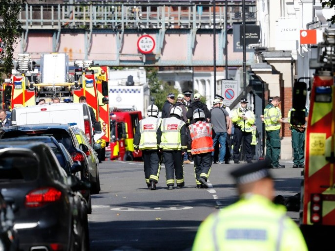 Members of the emergency services work near Parsons Green underground tube station in west London on September 15, 2017, following an incident on an underground tube carriage at the station.At least 22 people were injured after a bomb detonated on a packed London Underground train at Parsons Green station during the morning rush hour on Friday in what police are treating as a 'terrorist incident'. / AFP PHOTO / Adrian DENNIS (Photo credit should read ADRIAN DENNIS/AFP/Getty Images)