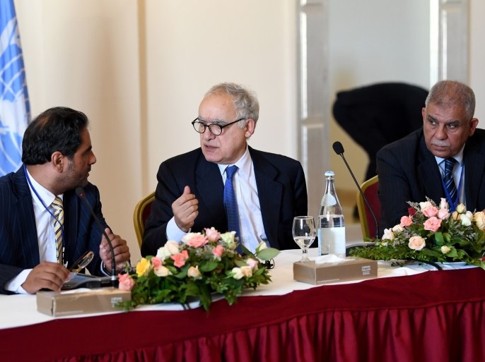 Ghassan Salame (C), special representative to the Secretary General of the United Nations for Libya, attends a meeting in the Tunisian capital Tunis on September 26, 2017, accompanied by Abdessalam Nasiya (L), chairman of the Libyan parliamentary dialogue committee, and Musa Faraj (R), chairman of the government dialogue committee.Neighboring Tunisia offered to act as a mediator between rival Libyan factions. Libya, which plunged into chaos after the ouster and killing of dictator Moamer Kadhafi in 2011, has two rival governments and parliaments, as well as several militia groups battling to control its oil wealth. / AFP PHOTO / FETHI BELAID (Photo credit should read FETHI BELAID/AFP/Getty Images)
