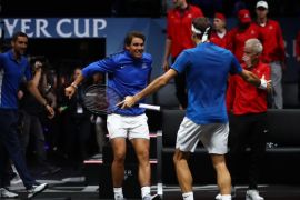 PRAGUE, CZECH REPUBLIC - SEPTEMBER 24: Roger Federer of Team Europe celebrates with Rafael Nadal of Team Europe after winning the Laver Cup on match point during his mens singles match against Nick Kyrgios of Team World on the final day of the Laver cup on September 24, 2017 in Prague, Czech Republic. The Laver Cup consists of six European players competing against their counterparts from the rest of the World. Europe will be captained by Bjorn Borg and John McEnroe will captain the Rest of the World team. The event runs from 22-24 September. (Photo by Clive Brunskill/Getty Images for Laver Cup)