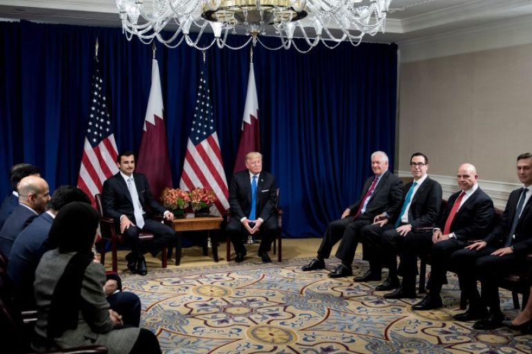 Qatar's Emir Tamim bin Hamad Al Thani (L) US President Donald Trump (2L), US Secretary of State Rex Tillerson (3L), US Secretary of the Treasury Steven Mnuchin (3R), National Security Advisor H. R. McMaster (2R), Senior Advisor Jared Kushner (R) and others wait for a meeting at the Palace Hotel on September 19, 2017 in New York City, on the sidelines of the United Nations General Assembly. / AFP PHOTO / Brendan Smialowski (Photo credit should read BRENDAN SMIALO