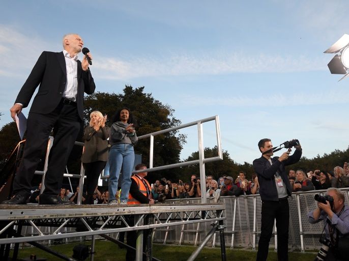 Britain's opposition Labour party leader Jeremy Corbyn addresses a rally ahead of the Labour party Conference in Brighton, Britain, September 23, 2017. REUTERS/Toby Melville