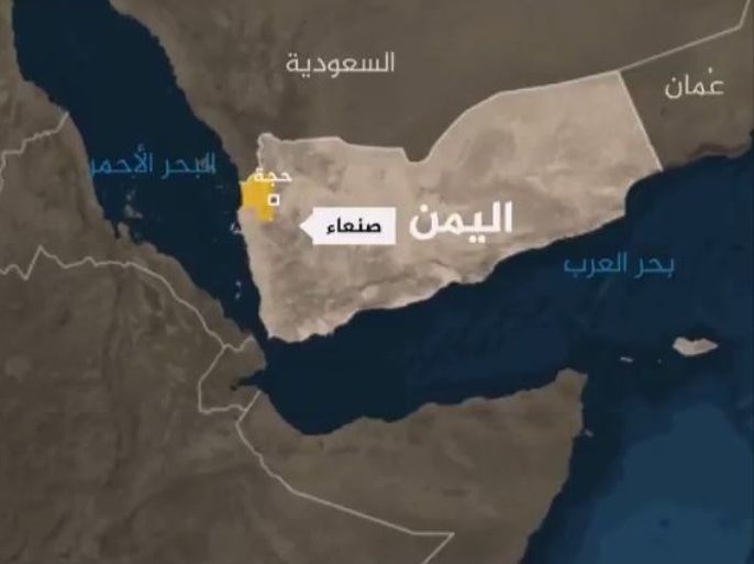 خريطة اليمن وعليها إشارة لمحافظة حجة