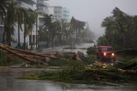MIAMI BEACH, FL - SEPTEMBER 10: A vehicle passes downed palm trees and two cyclists attempt to ride as Hurricane Irma passed through the area on September 10, 2017 in Miami Beach, Florida. Florida is taking a direct hit by the Hurricane which made landfall in the Florida Keys as a Category 4 storm on Sunday, lashing the state with 130 mph winds as it moves up the coast. (Photo by Joe Raedle/Getty Images)