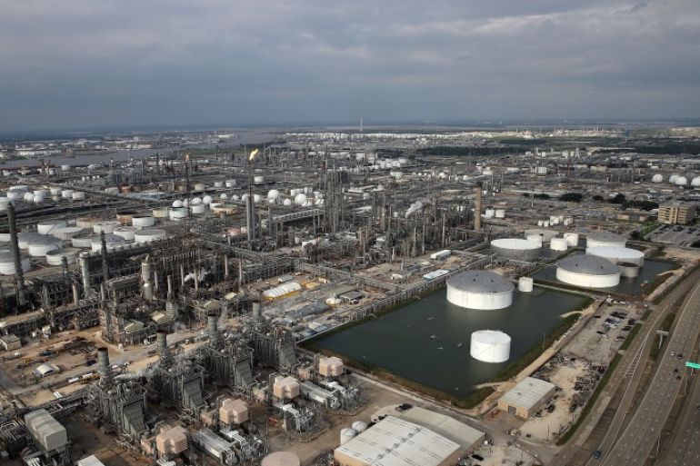 HOUSTON, TX - AUGUST 30: An oil refinery is shown near Houston following Hurricane Harvey August 30, 2017 in Houston, Texas. The city of Houston is still experiencing severe flooding in some areas due to the accumulation of historic levels of rainfall, though the storm has moved to the north and east. (Photo by Win McNamee/Getty Images)