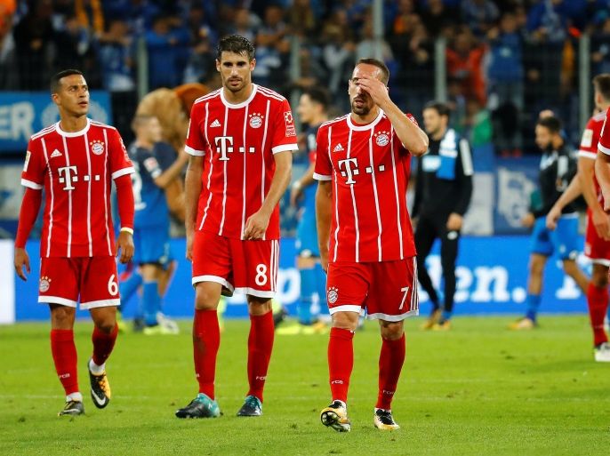 Soccer Football - Bundesliga - Hoffenheim v Bayern Munich - Sinsheim, Germany - September 9, 2017 Bayern Munich's Franck Ribery and team mates look dejected after the match REUTERS/Kai Pfaffenbach DFL RULES TO LIMIT THE ONLINE USAGE DURING MATCH TIME TO 15 PICTURES PER GAME. IMAGE SEQUENCES TO SIMULATE VIDEO IS NOT ALLOWED AT ANY TIME. FOR FURTHER QUERIES PLEASE CONTACT DFL DIRECTLY AT + 49 69 650050