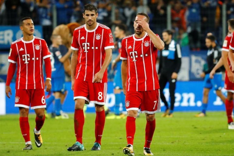 Soccer Football - Bundesliga - Hoffenheim v Bayern Munich - Sinsheim, Germany - September 9, 2017 Bayern Munich's Franck Ribery and team mates look dejected after the match REUTERS/Kai Pfaffenbach DFL RULES TO LIMIT THE ONLINE USAGE DURING MATCH TIME TO 15 PICTURES PER GAME. IMAGE SEQUENCES TO SIMULATE VIDEO IS NOT ALLOWED AT ANY TIME. FOR FURTHER QUERIES PLEASE CONTACT DFL DIRECTLY AT + 49 69 650050