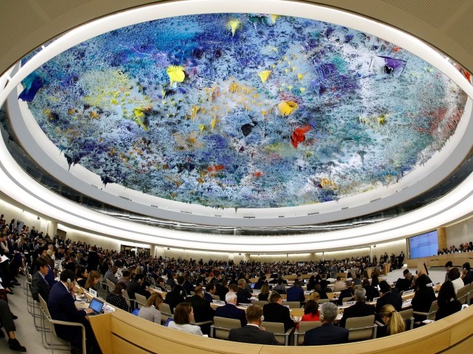 Zeid Ra'ad Al Hussein, U.N. High Commissioner for Human Rights is seen during his speech at the 36th Session of the Human Rights Council at the United Nations in Geneva, Switzerland September 11, 2017. Picture taken with a fisheye lens. REUTERS/Denis Balibouse