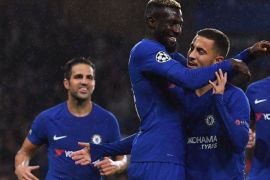 Chelsea's French midfielder Tiemoue Bakayoko (L) celebrates scoring his team's fourth goal with Chelsea's Belgian midfielder Eden Hazard during the UEFA Champions League Group C football match between Chelsea and Qarabag at Stamford Bridge in London on September 12, 2017. / AFP PHOTO / Ben STANSALL (Photo credit should read BEN STANSALL/AFP/Getty Images)