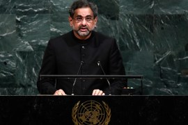 Pakistan's Prime Minister Shahid Khaqan Abbasi addresses the 72nd Session of the United Nations General assembly at the UN headquarters in New York on September 21, 2017. / AFP PHOTO / Jewel SAMAD (Photo credit should read JEWEL SAMAD/AFP/Getty Images)