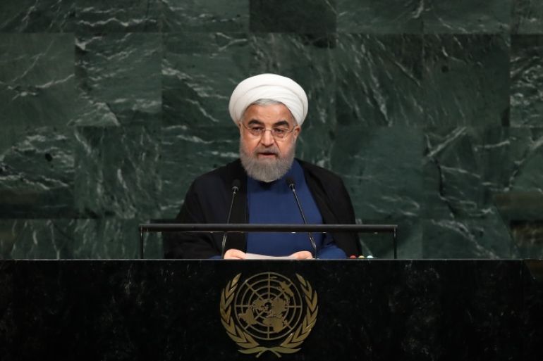 NEW YORK, NY - SEPTEMBER 20: Hassan Rouhani, President of the Islamic Republic of Iran, addresses the United Nations General Assembly at UN headquarters, September 20, 2017 in New York City. The most pressing issues facing the assembly this year include North KoreaÕs nuclear ambitions, violence against the Rohingya Muslim minority in Myanmar, and the debate over climate change. (Photo by Drew Angerer/Getty Images)