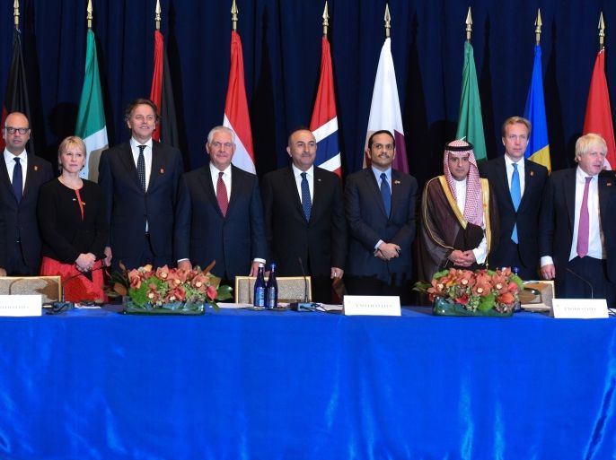 (L-R) French Foreign Minister Jean-Yves Le Drian, Italian Foreign Minister Angelino Alfano, Swedish Foreign Minister Margot Wallstrom, Dutch Foreign Minister Bert Koenders, U.S. Secretary of State Rex Tillerson, Egyptian Foreign Minister Sameh Shoukry, Qatari Foreign Minister Mohammed bin Abdulrahman Al Thani, Saudi Minister of Foreign Affairs Adel al-Jubeir, Norwegian Foreign Minister Borge Brende, British Foreign Secretary Boris Johnson and Jordanian Minister of Forei