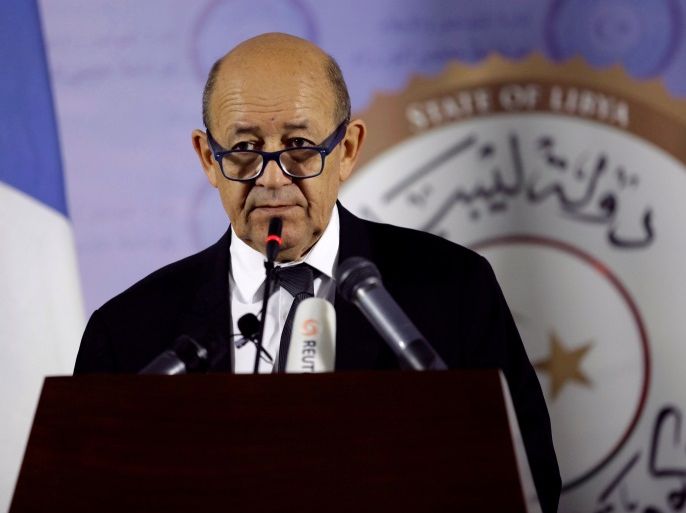 French Foreign Affairs Minister Jean-Yves Le Drian speaks during a news conference at the headquarters of the prime minister's office in Tripoli, Libya September 4, 2017 . REUTERS/Ismail Zitouny