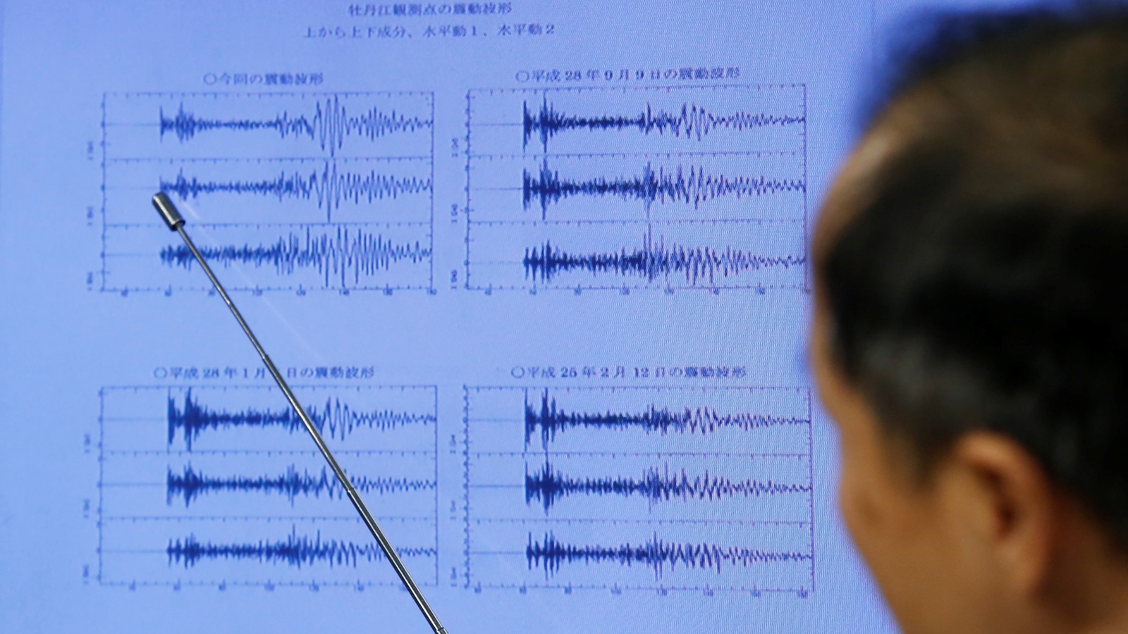 ‪مسؤول بالوكالة اليابانية لرصد الزلازل والتسونامي يشير لرسم بياني لقوة الهزة نتيجة اختبار القنبلة الكورية الشمالية‬  (رويترز)