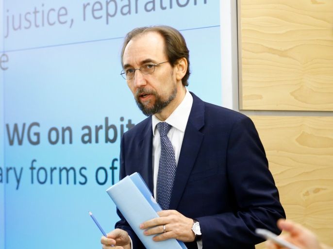 Zeid Ra'ad Al Hussein, U.N. High Commissioner for Human Rights arrives at the 36th Session of the Human Rights Council at the United Nations in Geneva, Switzerland September 11, 2017. REUTERS/Denis Balibouse