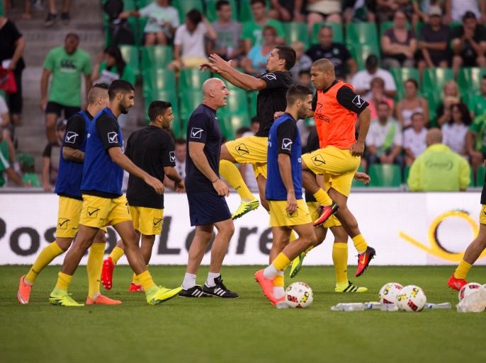 Beitar Jerusalem's players warm up before the UEFA Europa League play-off football match between AS Saint-Etienne and Beitar Jerusalem at the Geoffroy-Guichard stadium in Saint-Etienne, central-eastern France, on August 25, 2016. / AFP / ROMAIN LAFABREGUE (Photo credit should read ROMAIN LAFABREGUE/AFP/Getty Images)