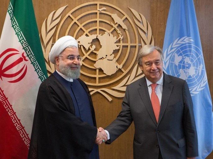 NEW YORK, NY - SEPTEMBER 18: United Nations Secretary-General Antonio Guterres (R) meets with the Islamic Republic of Iran's President H.E. Mr. Hassan Rouhani during a bilateral meeting at the United Nations on September 18, 2017 in New York City. The annual meeting of world leaders will bring road closures, thousands of law enforcement officials and protests to the streets of New York City. President Donald Trump will address the United Nations General Assembly on Tuesday.(Photo by Kevin Hagen/Getty Images)