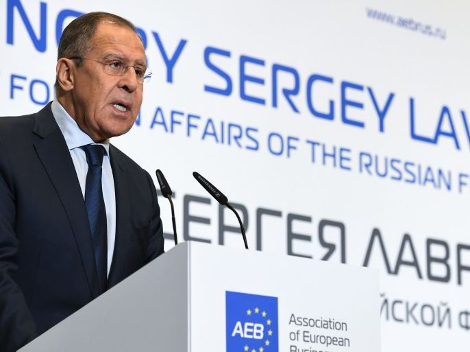Russian Foreign Minister Sergei Lavrov speaks at a briefing during a meeting with members of the Association of European Businesses (AEB) in Moscow on October 31, 2017. / AFP PHOTO / Kirill KUDRYAVTSEV (Photo credit should read KIRILL KUDRYAVTSEV/AFP/Getty Images)