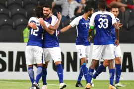 Al Hilal's forward Omar Khribin (2nd-L) celebrates with teammates after scoring during the first leg of their AFC Champions League semi-final football match at the Mohammed Bin Zayed Stadium in Abu Dhabi on September 26, 2017. / AFP PHOTO / GIUSEPPE CACACE (Photo credit should read GIUSEPPE CACACE/AFP/Getty Images)