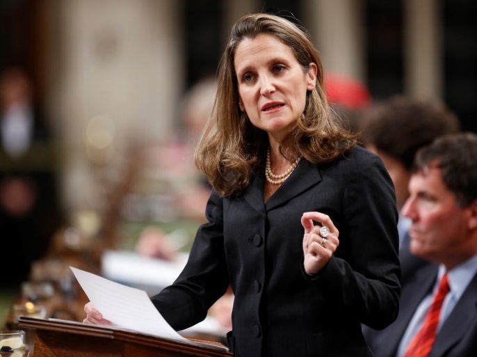 Canada's Foreign Affairs Minister Chrystia Freeland delivers a speech on Canada's foreign policy in the House of Commons on Parliament Hill in Ottawa, Ontario, Canada June 6, 2017. REUTERS/Chris Wattie