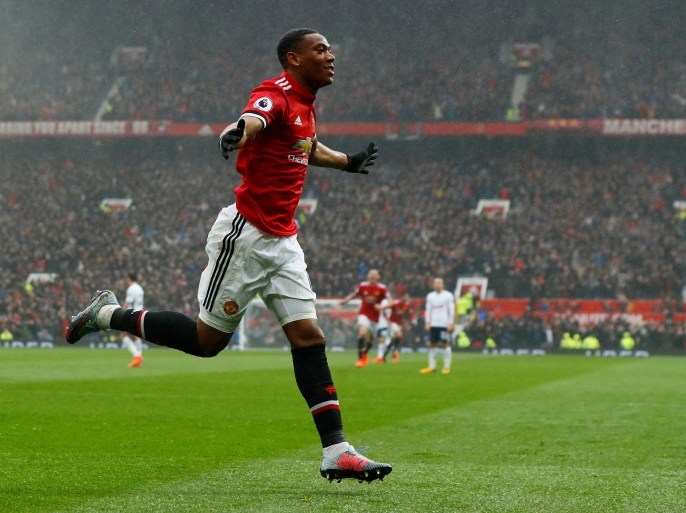 Soccer Football - Premier League - Manchester United vs Tottenham Hotspur - Old Trafford, Manchester, Britain - October 28, 2017 Manchester United's Anthony Martial celebrates scoring their first goal Action Images via Reuters/Jason Cairnduff EDITORIAL USE ONLY. No use with unauthorized audio, video, data, fixture lists, club/league logos or