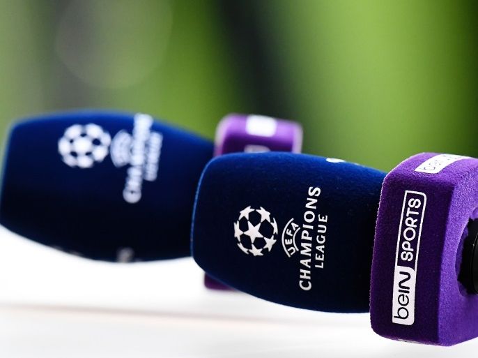 A photo shows a microphone of the beIN Sports television channel during the UEFA Champions League semi-final first leg football match between Monaco and Juventus at Stade Louis II Stadium in Monaco on May 3, 2017. / AFP PHOTO / FRANCK FIFE (Photo credit should read FRANCK FIFE/AFP/Getty Images)