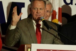 Republican candidate Roy Moore makes his victory speech after defeating incumbent Luther Strange to his supporters at the RSA Activity center in Montgomery, Alabama, U.S. September 26, 2017, during the runoff election for the Republican nomination for Alabama's U.S. Senate seat vacated by Attorney General Jeff Sessions. REUTERS/Marvin Gentry