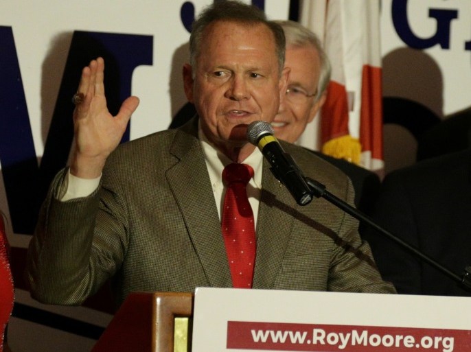 Republican candidate Roy Moore makes his victory speech after defeating incumbent Luther Strange to his supporters at the RSA Activity center in Montgomery, Alabama, U.S. September 26, 2017, during the runoff election for the Republican nomination for Alabama's U.S. Senate seat vacated by Attorney General Jeff Sessions. REUTERS/Marvin Gentry