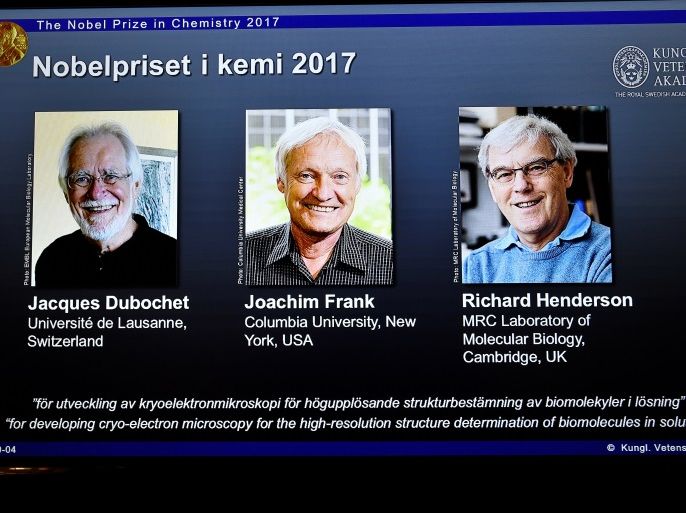 The names of Jacques Dubochet, Joachim Frank and Richard Henderson are displayed on the screen during the announcement of the winners of the Nobel Prize in Chemistry 2017, in Stockholm, Sweden, October 4, 2017. TT News Agency/Claudio Bresciani via REUTERS ATTENTION EDITORS - THIS IMAGE WAS PROVIDED BY A THIRD PARTY. SWEDEN OUT. NO COMMERCIAL OR EDITORIAL SALES IN SWEDEN