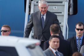 U.S. Secretary of State Rex Tillerson disembarks from a plane upon his arrival at Vnukovo International Airport in Moscow, Russia April 11, 2017. REUTERS/Maxim Shemetov