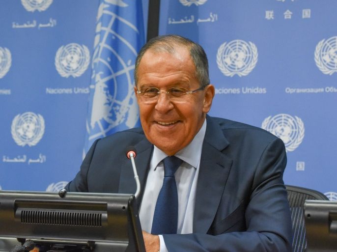 Russia's Foreign Minister Sergey Lavrov delivers remarks at a news conference at the 72nd United Nations General Assembly at U.N. headquarters in New York City, U.S. September 22, 2017. REUTERS/Stephanie Keith