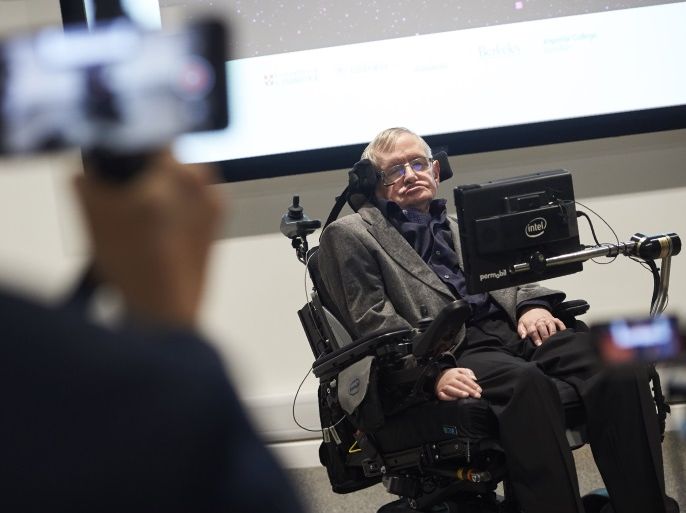 British scientist Stephen Hawking attends the launch of The Leverhulme Centre for the Future of Intelligence (CFI) at the University of Cambridge, in Cambridge, eastern England, on October 19, 2016.The Leverhulme Centre for the Future of Intelligence (CFI), which launched today, is a collaboration between the University of Cambridge, the University of Oxford, Imperial College London, and the University of California, Berkeley. The centre will explore the implications of the rapid development of artificial intelligence (AI). / AFP / NIKLAS HALLE'N (Photo credit should read NIKLAS HALLE'N/AFP/Getty Images)