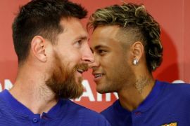 FC Barcelona players Lionel Messi (L) and Neymar attend a news conference to announce the sponsorship deal between the team and Japanese e-commerce operator Rakuten Inc. in Tokyo, Japan July 13, 2017. REUTERS/Kim Kyung-Hoon