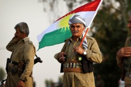 An Iranian Kurdish Peshmerga member of the Kurdistan Democratic Party of Iran (KDP-Iran), holds a Kurdish flag as he takes part in a gathering to urge people to vote in the upcoming independence referendum in the town of Bahirka, north of Arbil, the capital of the autonomous Kurdish region of northern Iraq, on September 21, 2017.The controversial referendum on independence for Iraqi Kurdistan is set for September 25. / AFP PHOTO / SAFIN HAMED (Photo credit should read SAFIN HAMED/AFP/Getty Images)