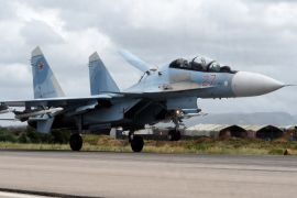 A Russian Sukhoi Su-35 bomber lands at the Russian Hmeimim military base in Latakia province, in the northwest of Syria on May 4, 2016.Syria's conflict erupted in 2011 after anti-government protests were put down. Fighting quickly escalated into a multi-faceted war that has killed more than 270,000 people and forced millions from their homes. / AFP / Vasily Maximov / MOY (Photo credit should read VASILY MAXIMOV/AFP/Getty Images)