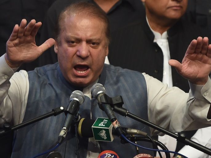 Sacked Pakistani prime minister Nawaz Sharif addresses the PML-N Workers convention in Lahore on October 4, 2017.The Supreme Court deposed Sharif in July following an investigation into corruption allegations against him and his family making him the 15th prime minister in Pakistan's 70-year history to be ousted before completing a full term. / AFP PHOTO / ARIF ALI (Photo credit should read ARIF ALI/AFP/Getty Images)