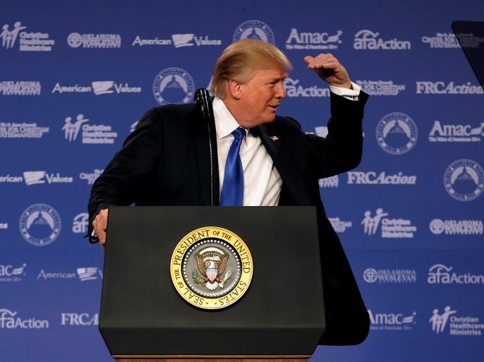 U.S. President Donald Trump addresses the Values Voter Summit of the Family Research Council in Washington, DC, U.S. October 13, 2017. REUTERS/James Lawler Duggan