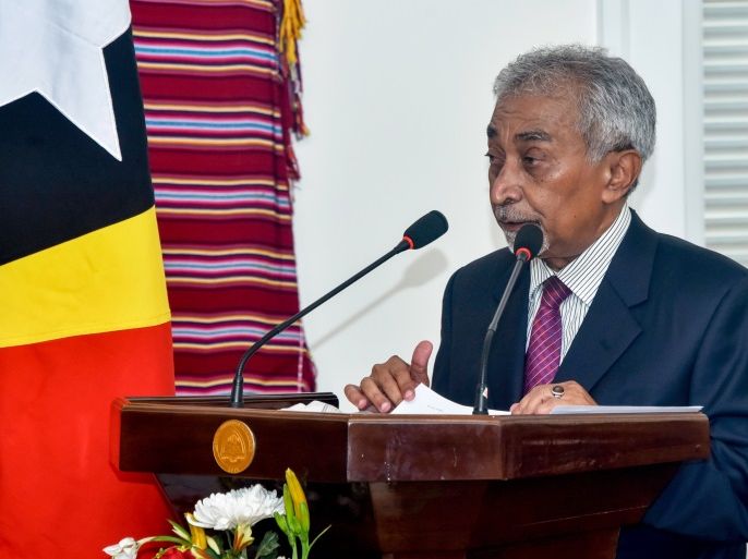 East Timor's Prime Minister Mari Alkatiri delivers a speech after the swearing-in ceremony at the presidential palace in Dili on September 15, 2017.East Timor swore in a new government on September 15, led by a returning prime minister who experts say will need to wean the country off its reliance on oil revenues and diversify the economy. / AFP PHOTO / VALENTINO DARIELL DE SOUSA (Photo credit should read VALENTINO DARIELL DE SOUSA/AFP/Getty Images)