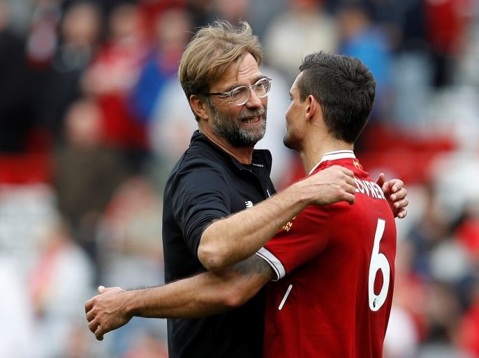 Soccer Football - Premier League - Liverpool vs Manchester United - Anfield, Liverpool, Britain - October 14, 2017 Liverpool's Dejan Lovren with Liverpool manager Juergen Klopp after the match REUTERS/Phil Noble EDITORIAL USE ONLY. No use with unauthorized audio, video, data, fixture lists, club/league logos or