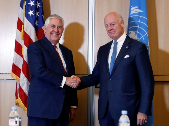 U.S. Secretary of State Rex Tillerson shakes hands with U.N. Special Envoy for Syria Staffan de Mistura before their meeting at the U.S. Mission to the U.N. in Geneva, Switzerland October 26, 2017. REUTERS/Alex Brandon/Pool