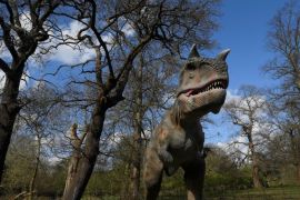 An animatronic life-size dinosaur is seen ahead of an interactive exhibition, Jurassic Kingdom, at Osterley Park in west London, Britain, March 31, 2017. REUTERS/Toby Melville