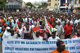 Burundians take to the streets to celebrate Burundi's withdrawal from the International Criminal Court (ICC) in Bujumbura, Brundi, on October 28, 2017. Thousands of Burundians on October 28 answered the government's call to celebrate the country's withdrawal from the International Criminal Court, cheering the 'historic' day using slogans such as 'bye bye ICC'. Burundi on October 27 became the first ever nation to leave the ICC, set up some 15 years ago to prosecute those behind the world's worst atrocities. / AFP PHOTO / STR (Photo credit should read STR/AFP/Getty Images)