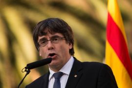 Catalan regional government president Carles Puigdemont delivers a speech on the sidelines of a wreath-laying ceremony commemorating the 77th anniversary of the death of Catalan leader Lluis Companys at the Montjuic Cemetery in Barcelona on October 15, 2017.Companys had proclaimed a 'Catalan state in the Spanish federal republic' in 1934 to oppose the conservatives who governed in Madrid. Exiled in France, Companys was denounced by the Nazis in 1940 and handed over to Spain where he was executed. / AFP PHOTO / PAU BARRENA (Photo credit should read PAU BARRENA/AFP/Getty Images)