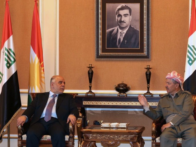 Iraqi Prime Minister Haider al-Abadi (L) meets with Iraqi Kurdish leader Massud Barzani following his arrival at the airport in Arbil, the capital of the autonomous Kurdish region of northern Iraq, on April 6, 2015. AFP PHOTO / SAFIN HAMED (Photo credit should read SAFIN HAMED/AFP/Getty Images)