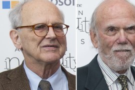 A combo made October 10, 2017 of file photos taken on December 09, 2016 in Washington, shows (LtoR) Rainer Weiss, Barry Barish and Kip Thorne, who won the Nobel Physics Prize 2017 for gravitational waves, the Royal Swedish Academy of Sciences announced October 10, 2017 in Stockholm. / AFP PHOTO / MOLLY RILEY (Photo credit should read MOLLY RILEY/AFP/Getty Images)