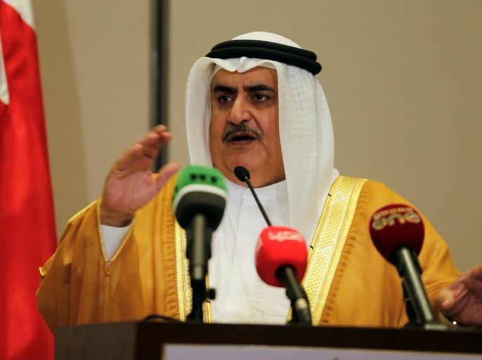 Bahraini Foreign Minister Sheik Khalid bin Ahmed Al Khalifa speaks to media after the foreign ministers of Saudi Arabia, Bahrain, the United Arab Emirates and Egypt meeting to discuss their dispute with Qatar, in Manama, Bahrain July 30, 2017. REUTERS/Hamad I Mohammed